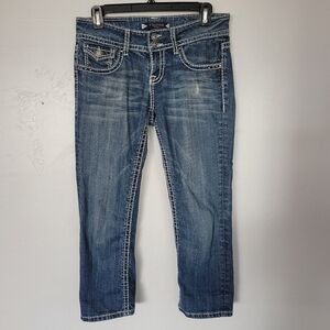 Vigoss Women's 27 3 Fit Capris Medium Wash Blue Jean Denim Cropped Flap Pocket
